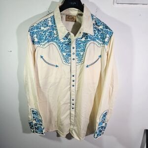 Vintage Men's Scully Western Wear Blue & Cream Colored Snap Button Shirt!